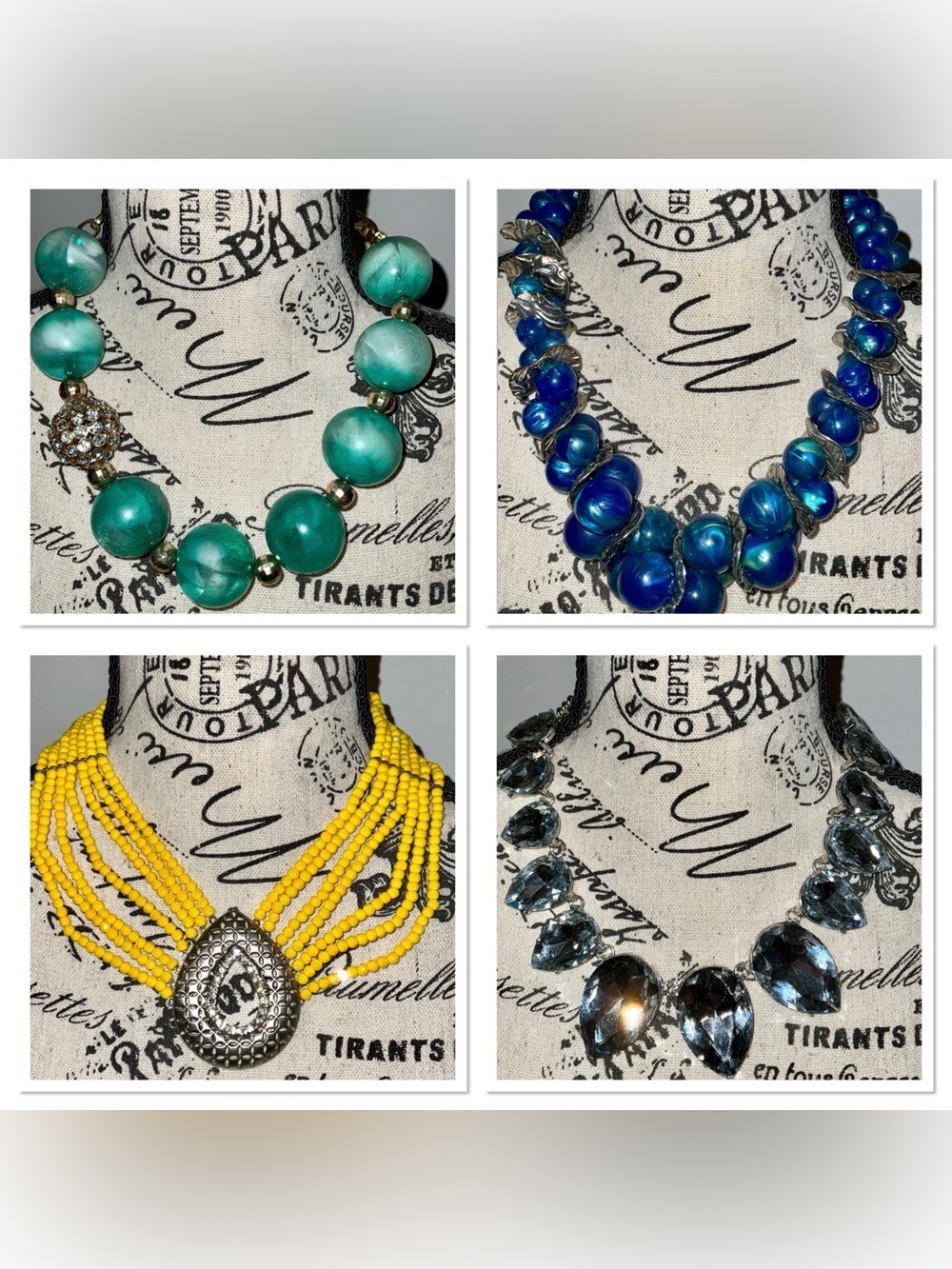 Lot of 4 Bold Vintage Statement Necklaces Green Blue Yellow Clear Chunker Set